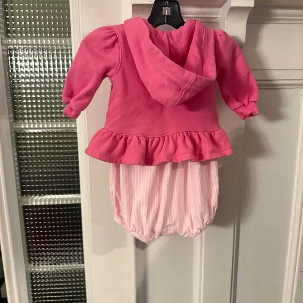 Ralph Lauren Baby Girt 2 PCS Set Pink & White Romper & Hoodie Sz 3M EUC
